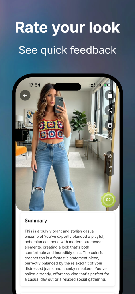 Interface do aplicativo DresMate mostrando uma pontuação de estilo e um resumo de feedback para um look boêmio casual.