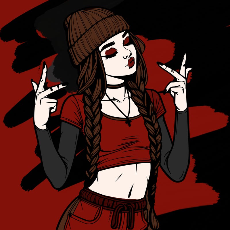 realistic teenage girl with braids and a beanie and crop top doing 🫶🏼