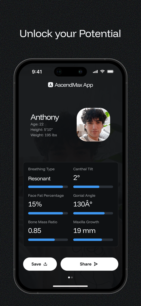 AscendMax - Become Hot - AscendMax 앱 인터페이스는 룩스맥싱을 위한 상세한 얼굴 측정값과 AI 분석을 보여줍니다.