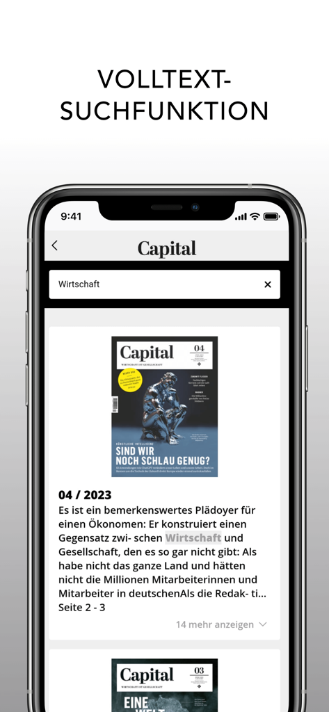 Interfaz de la aplicación Capital Magazin que demuestra la función de búsqueda de texto completo con resultados de artículos de negocios