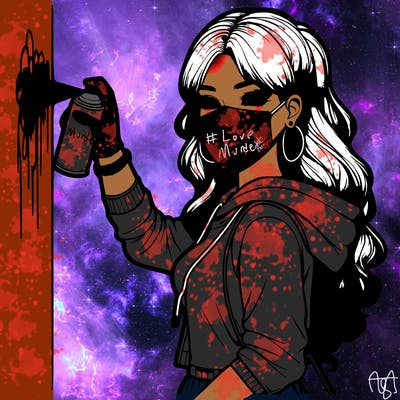 realistic girl with mask spray painting a wall