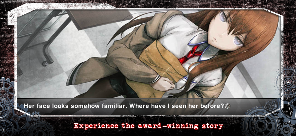 Una escena de novela visual de Crunchyroll Steins Gate con el personaje Kurisu Makise con un cuadro de diálogo y engranajes en el marco.