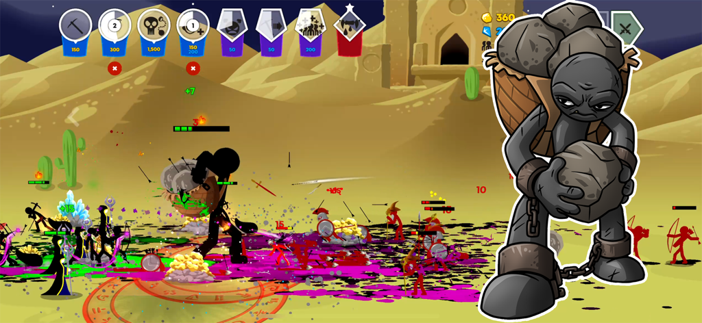 Stick War Saga real-time strategy gameplay featuring stickman armies and a giant worker unit in a desert battle.