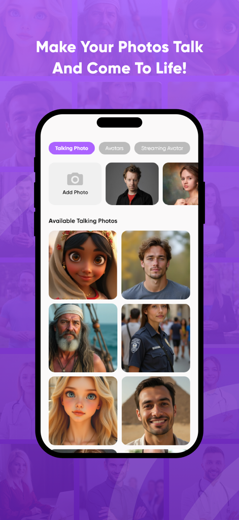 AI Avatar - Face Art Generator - Interface of an AI app showcasing the talking photo feature with a grid of diverse human and cartoon avatars