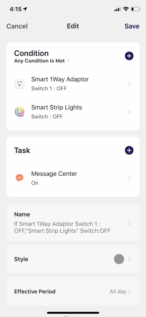 Interface of the Maxim Smart app showing how to edit automation conditions and tasks for smart devices