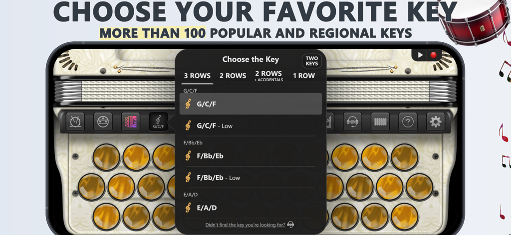 Interface pour sélectionner différentes tonalités musicales et configurations de rangées dans l'application Accordion Diatonic Cassoto