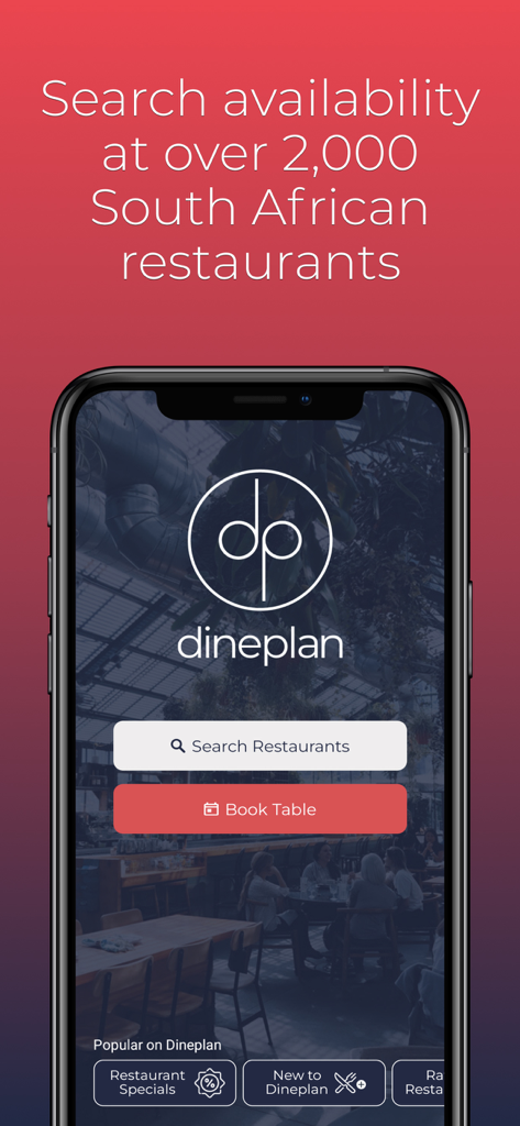 Dineplan mobile app home screen showing restaurant search and booking options for South Africa.