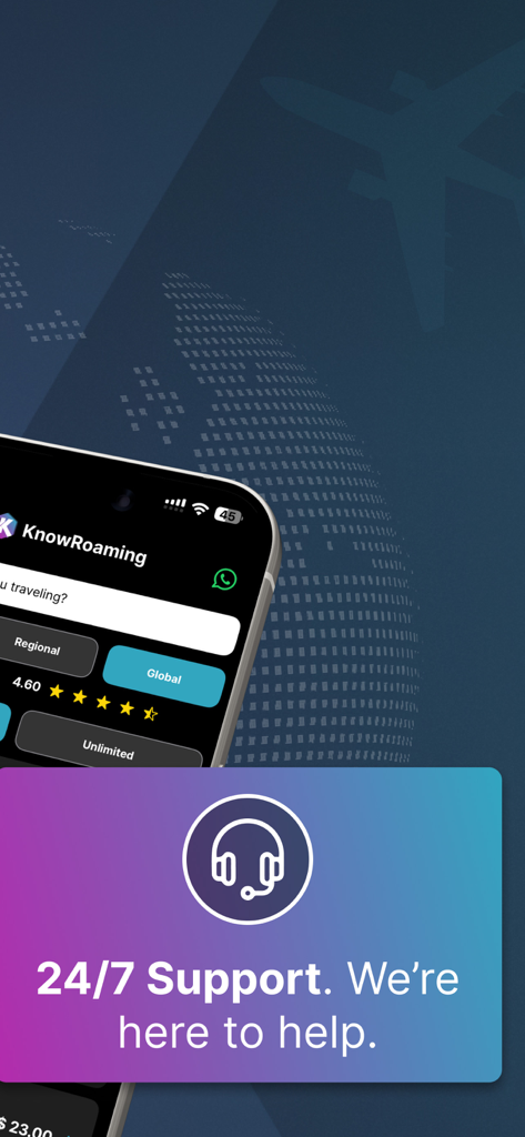 KnowRoaming Travel eSIMs - KnowRoaming app interface showing 24/7 customer support for international travel eSIMs