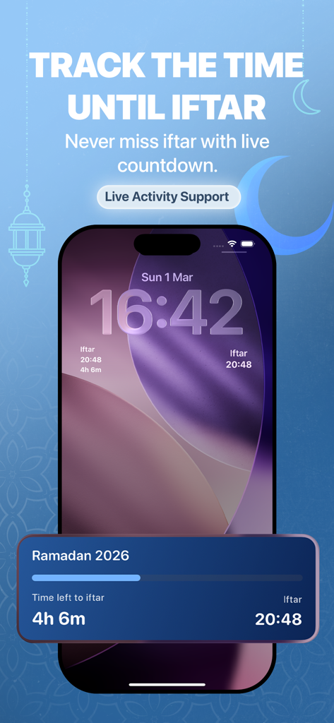 Vaktim: Prayer Times & Qibla - Vaktim app screenshot showing a live countdown to iftar for Ramadan 2026 on an iPhone lock screen