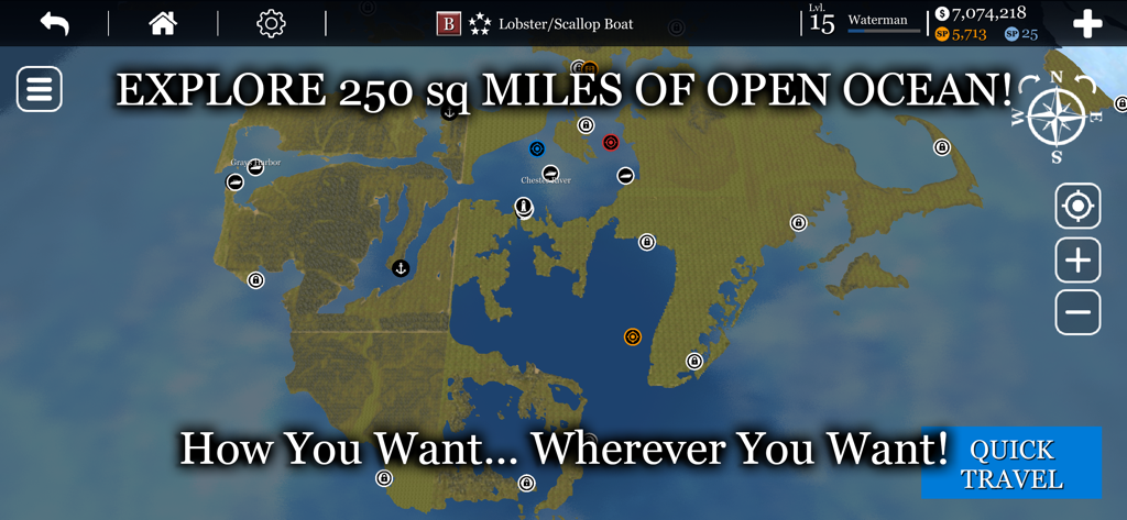 A top down map view showing the expansive open ocean for exploration in the uCaptain fishing game