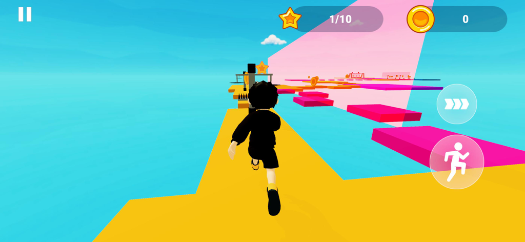 Parkour Fun: Obby Games Master - A 3D character running on a yellow and pink obstacle course in an obby parkour game.