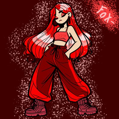 girl in baggy pants crop top and long hair