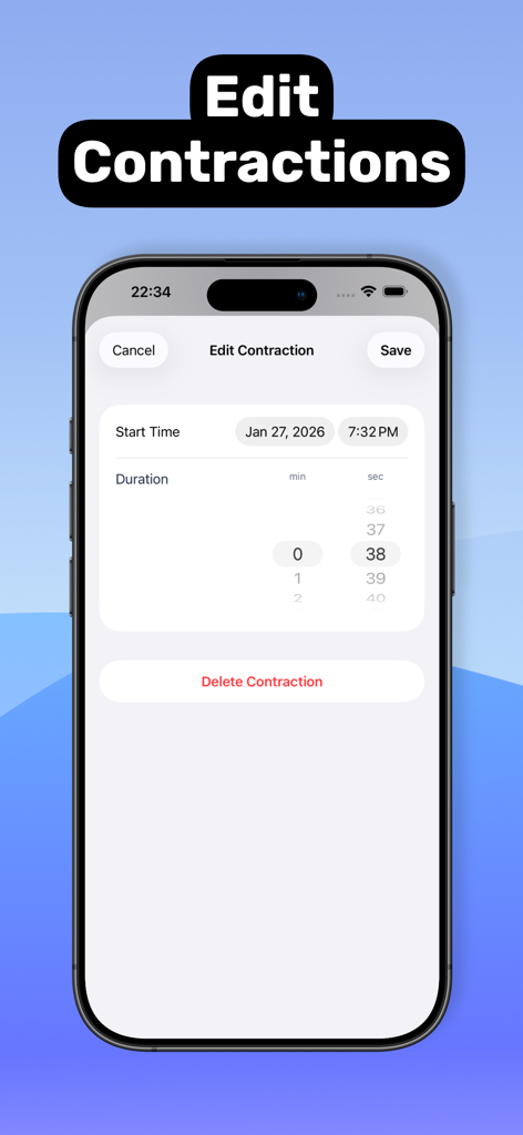 Interfaz de la aplicación móvil para editar detalles de contracciones de parto, incluyendo selectores de hora de inicio y duración.