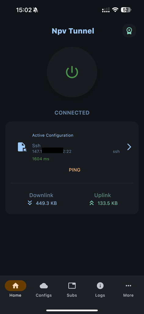 Dashboard of Npv Tunnel app showing a connected SSH configuration with downlink and uplink statistics.