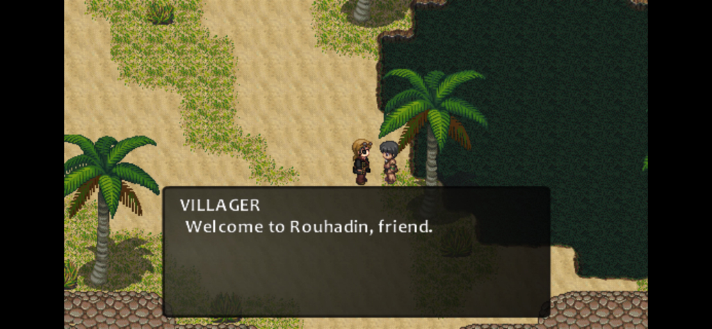 Scène de dialogue en pixel art du RPG rétro 7 Stories montrant un personnage parlant à un villageois dans une ville désertique