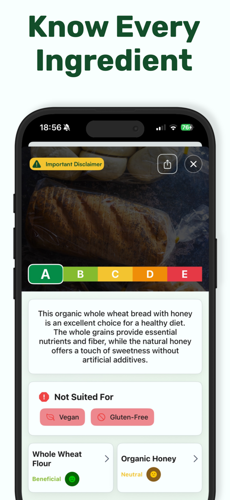 Food AI Scanner Product Scan - FoodCheck app screen displaying an A grade nutritional score and detailed ingredient analysis for organic bread