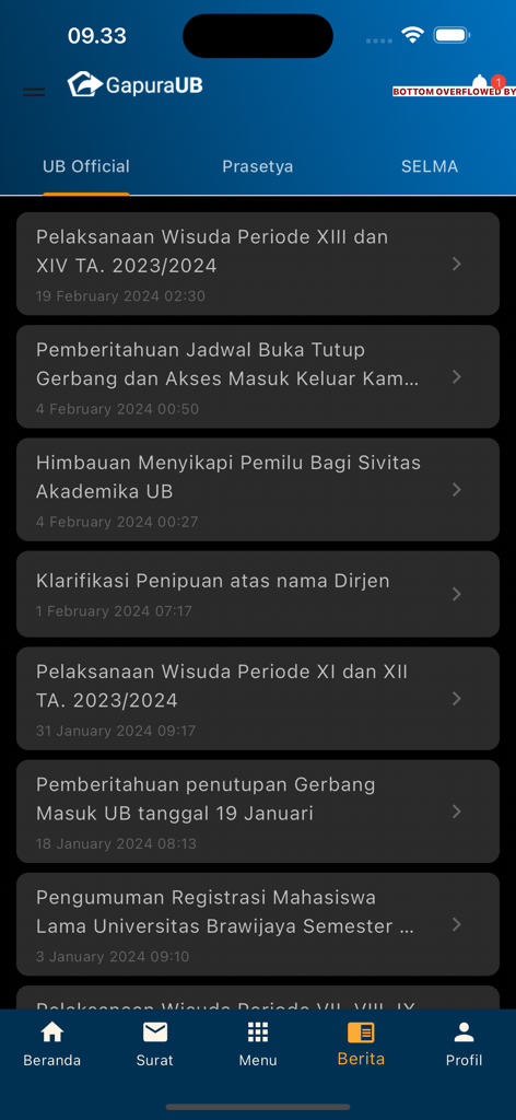 Gapura UB - The news and announcements section of the Gapura UB mobile app showing a list of university updates