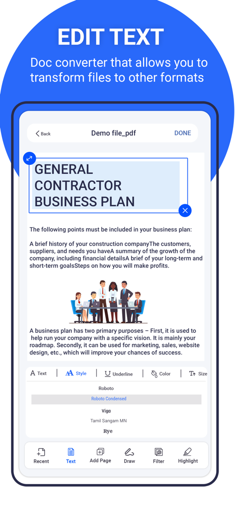 PDF Editors - Interface do aplicativo móvel dos Editores de PDF mostrando ferramentas de edição de texto e opções de fonte em um documento de plano de negócios.
