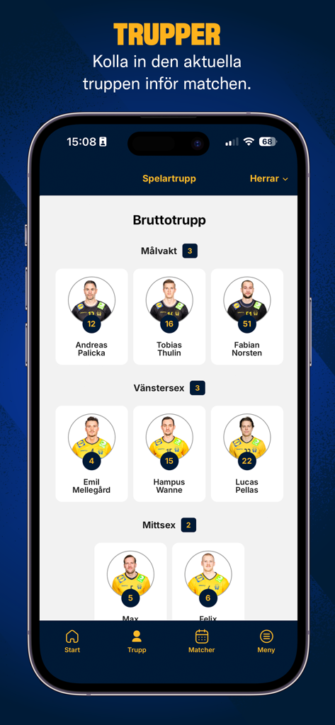 Écran mobile affichant la liste des joueurs de l'équipe nationale suédoise de handball avec les noms et les photos.