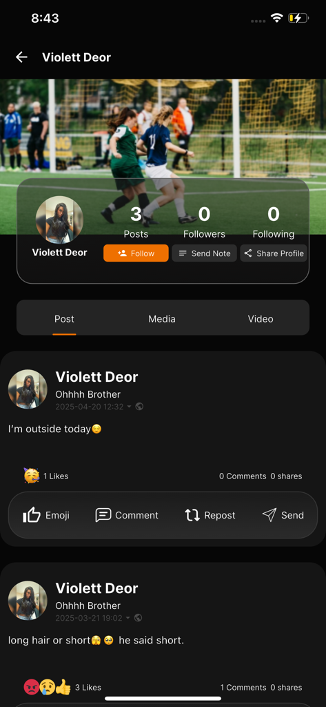Chaser - The Network - User profile screen on Chaser - The Network app displaying posts, follower stats, and social interaction buttons in dark mode.
