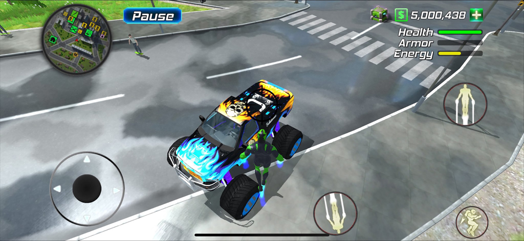 Amazing Rope Police - Un personaje superhéroe de pie junto a un monster truck personalizado en una calle de la ciudad