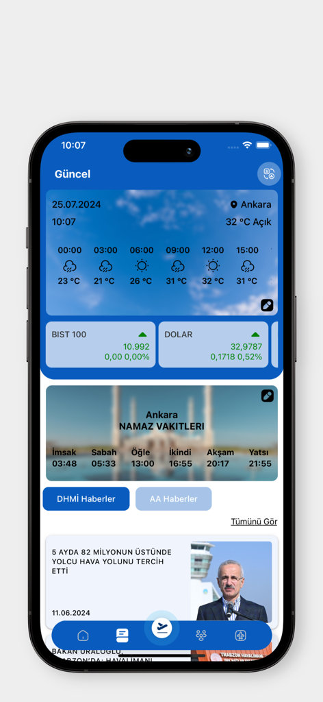 DHMİ Uçuş Rehberim - The dashboard of the DHMI Flight Guide app showing weather updates, currency exchange rates, and prayer times for Ankara.