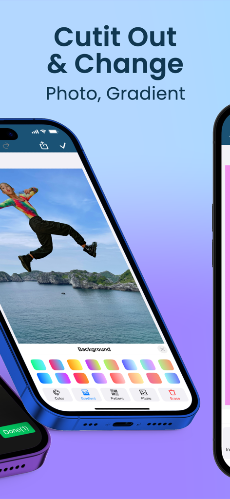 AI Background Eraser: CleanCut - 写真を切り抜いてグラデーションオプションで背景を置き換える機能を示すCleanCutアプリのインターフェイス。