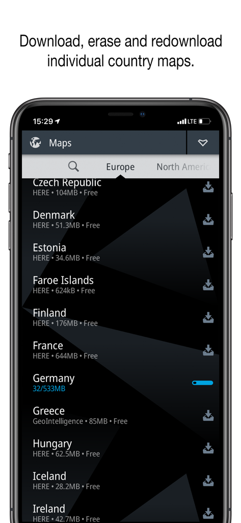 Interface showing list of European countries for offline map download in Genius Maps app