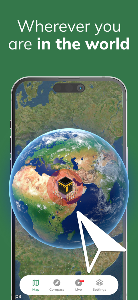 Qibla Finder 100% اتجاه القبلة - Ein Smartphone-Bildschirm zeigt eine 3D-Weltkugel und einen großen Pfeil, der auf die Kaaba in Mekka zeigt
