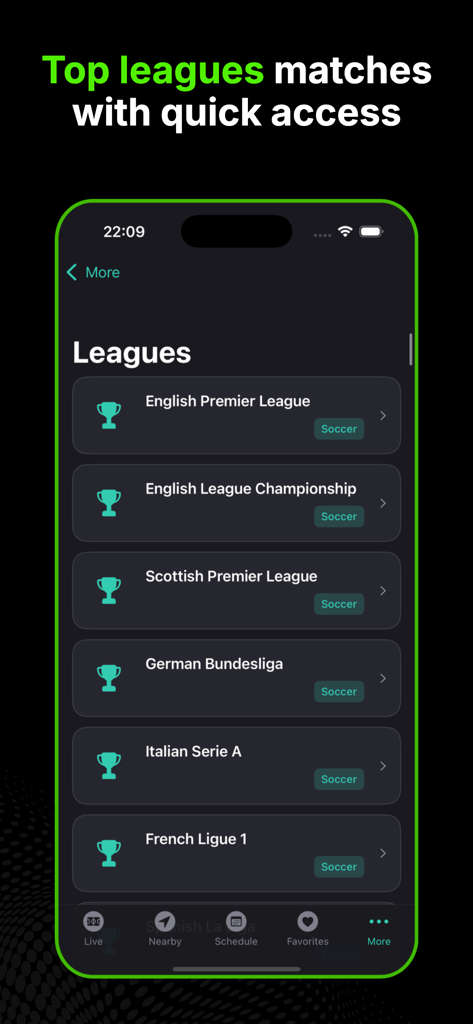 DRM - Live Sports Score & News - Mobile app screen showing a list of top soccer leagues including the English Premier League and German Bundesliga with a clean dark mode interface