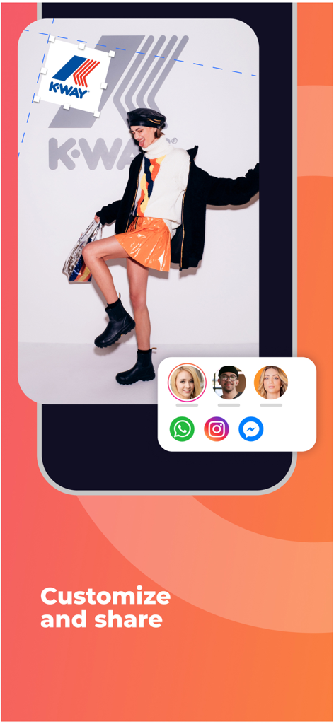 getpica.com - A mobile app interface showing how to customize and share professional event photos to social media platforms.