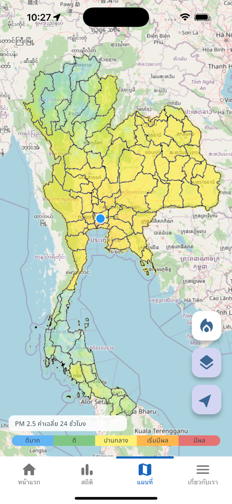 เช็คฝุ่น - Map of Thailand showing PM 2.5 air quality levels in the Check Dust mobile app