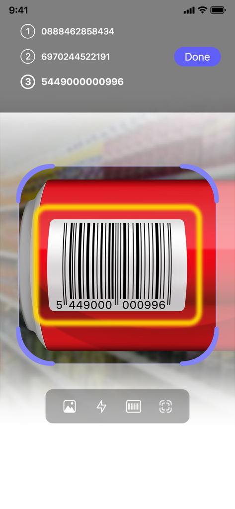 Barcode Scanner QR Code Reader - iPhone screen showing the barcode scanner app in batch mode scanning a product barcode with a list of multiple scan results at the top
