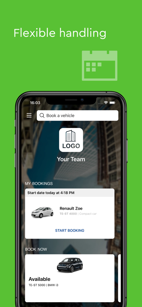 mobileeee E-Carsharing - Die Benutzeroberfläche der mobileeee App, die Optionen zur Buchung von Elektro-Mietwagen wie Renault Zoe und BMW i3 zeigt