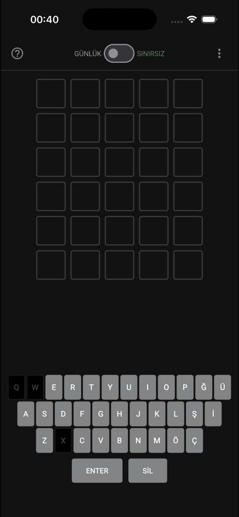 Türkle – Türkçe Wordle - L'écran de jeu principal de l'application Turkle montrant une grille de puzzle vide de six par cinq et une disposition de clavier turc.