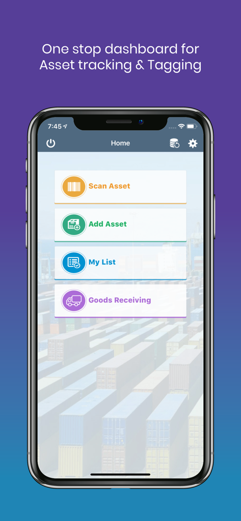 mAssetTag mobile app home screen dashboard showing asset tracking and tagging options including scan and add asset