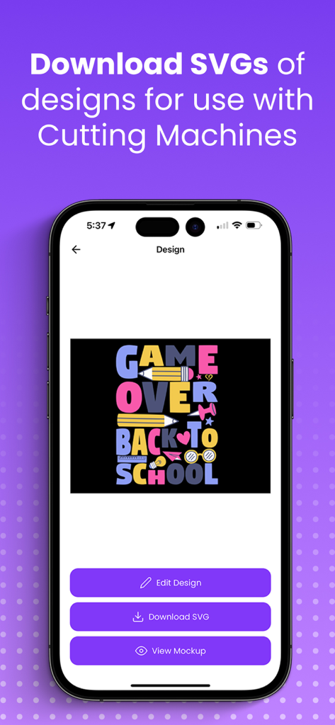 Interface do aplicativo T-Shirt Designer mostrando opção de download de SVG para máquinas de corte
