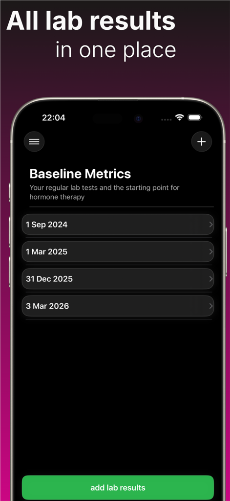 AndroTrack: Gym & Testosterone - AndroTrack app interface showing a list of lab result dates under Baseline Metrics for hormone therapy tracking