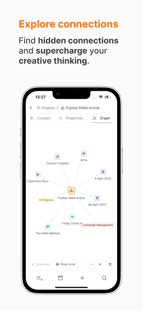 Capacities – Notes & PKM - Ein visueller Wissensgraph in der Capacities App, der vernetzte Verbindungen zwischen Notizen und Projekten zeigt