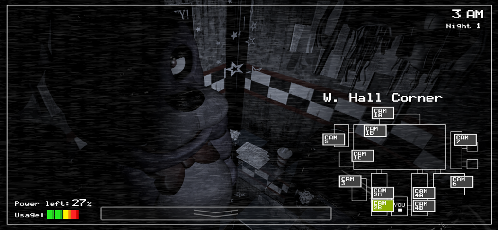 Five Nights at Freddy's - A grainy security camera feed showing the Bonnie animatronic staring into the camera from the West Hall corner in Five Nights at Freddy's.