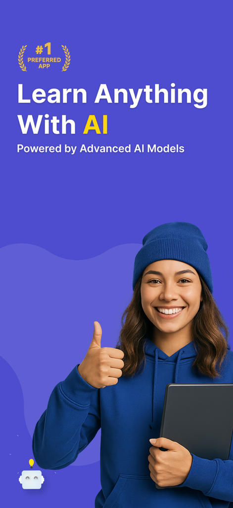 Daily Learning: Learn With AI - A smiling young woman holding a tablet and giving a thumbs up for the Daily Learning AI app