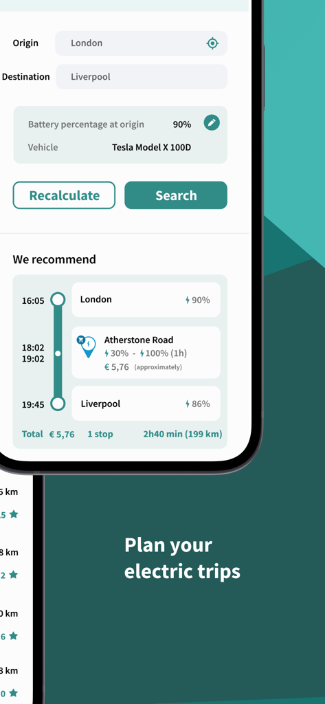 miio - miio アプリの旅行計画インターフェースのスクリーンショット。ロンドンからリバプールまでのルートと、電気自動車の充電停止および費用見積もりが表示されています。