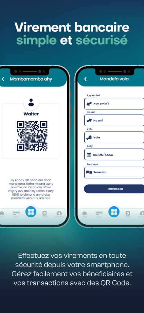 BNI - Écran de l'application mobile BNI affichant un code QR personnel et un formulaire pour envoyer de l'argent.