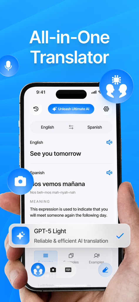 Interfaccia dell'app Traduttore AI che mostra la traduzione dall'inglese allo spagnolo utilizzando la tecnologia AI GPT-5