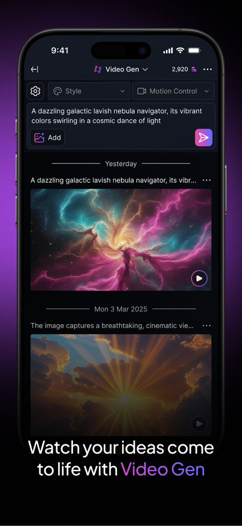 Une interface mobile de Leonardo.Ai montrant une vidéo de nébuleuse cosmique générée à partir d'une invite textuelle à l'aide de l'outil Video Gen.