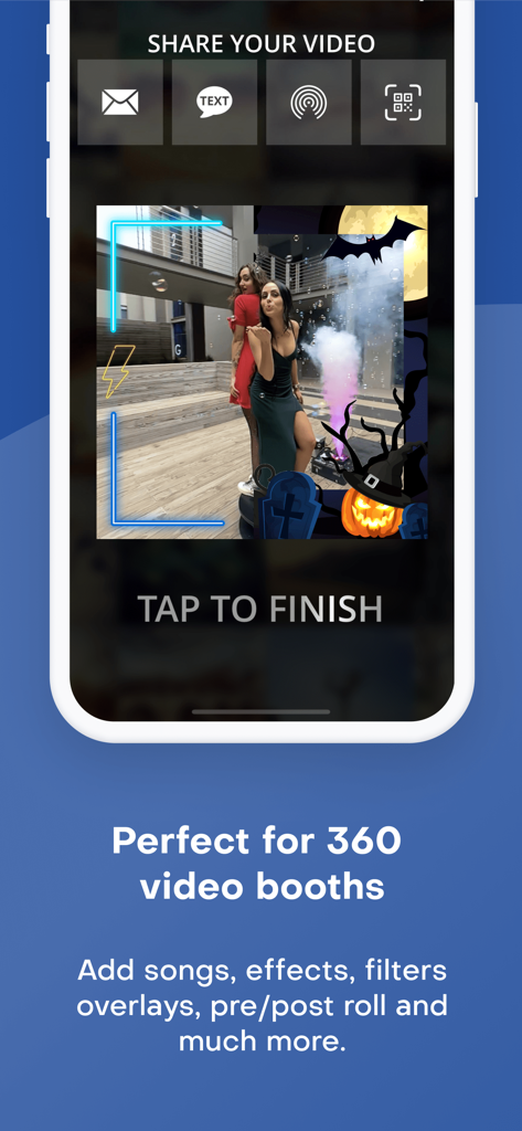 Snappic Booth - Sharing interface for 360 video booth results with custom Halloween overlays and social sharing icons