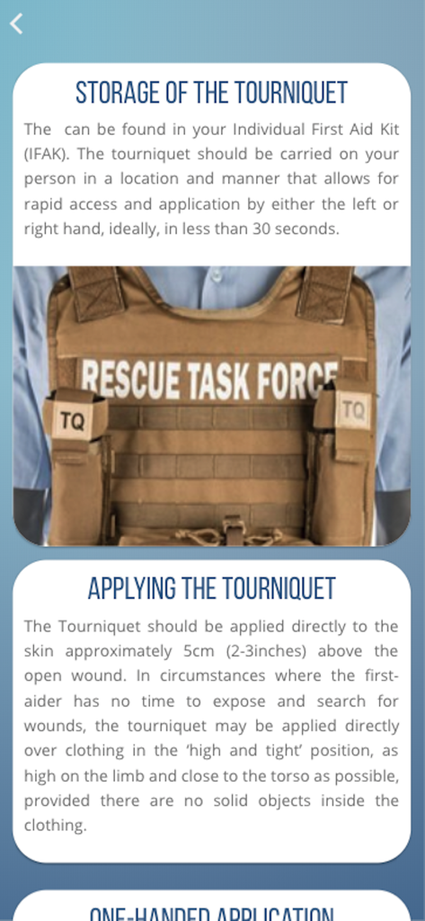 Tactical medical instructions for tourniquet storage and application from the UN Buddy First Aid app.