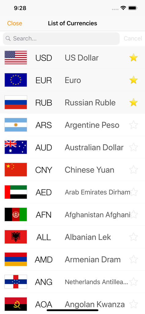 A list of global currencies including US Dollar and Euro with their flags in the currency converter app