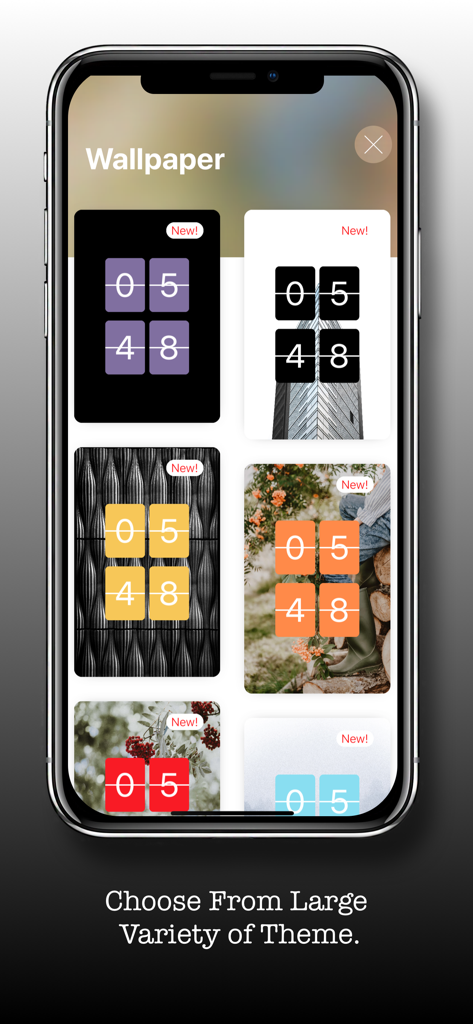 Flip Clock - Digital Clock - iPhone screen showing various aesthetic wallpaper themes and color options for a digital flip clock app