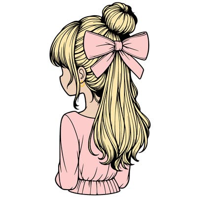 realistic girl  with hip length hair a bun and a big bow on the back of head